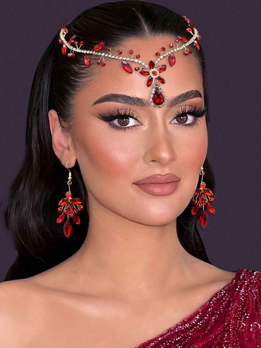 1 套女式紅色、綠色和藍色頭飾和耳環套裝,新娘禮服髮飾