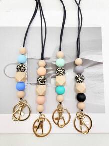 1入組硅膠珠子和木珠掛繩,配有鑰匙圈,適用於老師、護士、學生證、員工證等