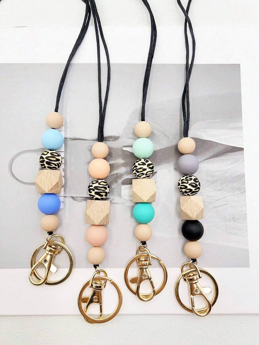 1入組硅膠珠子和木珠掛繩,配有鑰匙圈,適用於老師、護士、學生證、員工證等