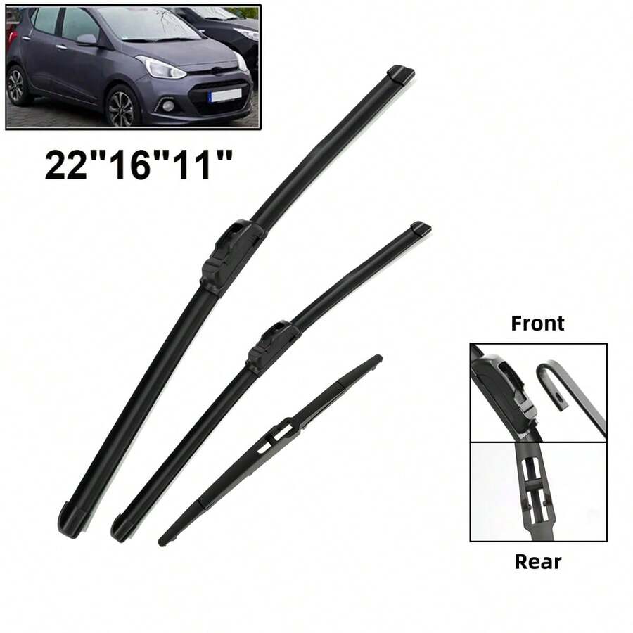 3入組車用擋風玻璃雨刷，專用於左右駕駛Hyundai I10 MK2 2013-2018，尺寸為22寸、16寸和11寸 - 黑色 - 查看 1