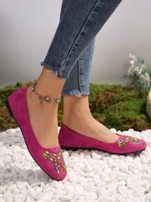 Women's Fashionable Embroidered & Beaded Flat Shoes, Spring & Autumn - Hot Pink - View 5