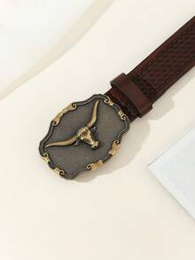 新款西部牛仔風格皮帶,配有牛頭扣,復古又搖滾的設計,適合街頭穿搭 - 棕色 - 查看 5