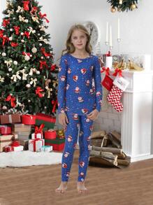 2pcs/Set Girls Christmas Family Matching Snug Fit Pajamas Santa Claus Print Long Sleeve Top And Pants, Comfortable Loungewear Set