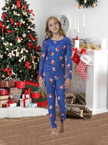 2pcs/Set Girls Christmas Family Matching Snug Fit Pajamas Santa Claus Print Long Sleeve Top And Pants, Comfortable Loungewear Set