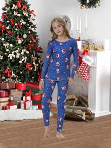 2pcs/Set Girls Christmas Family Matching Snug Fit Pajamas Santa Claus Print Long Sleeve Top And Pants, Comfortable Loungewear Set