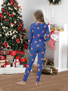 2pcs/Set Girls Christmas Family Matching Snug Fit Pajamas Santa Claus Print Long Sleeve Top And Pants, Comfortable Loungewear Set