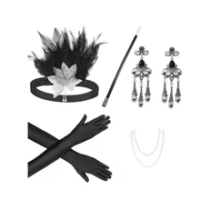 1套/5件女士1920年代復古羽毛頭箍,珍珠項鍊,流蘇耳環,手套和香煙支架服裝配件套裝,適用於聖誕節,派對,cosplay