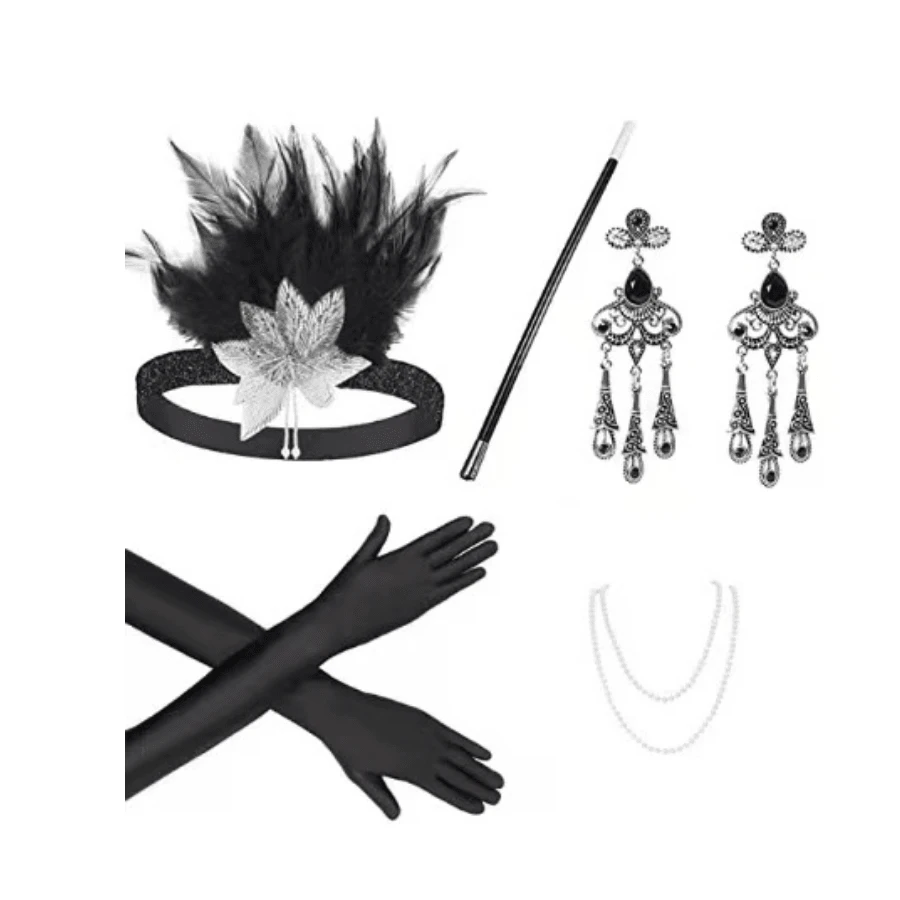 1套/5件女士1920年代復古羽毛頭箍,珍珠項鍊,流蘇耳環,手套和香煙支架服裝配件套裝,適用於聖誕節,派對,cosplay
