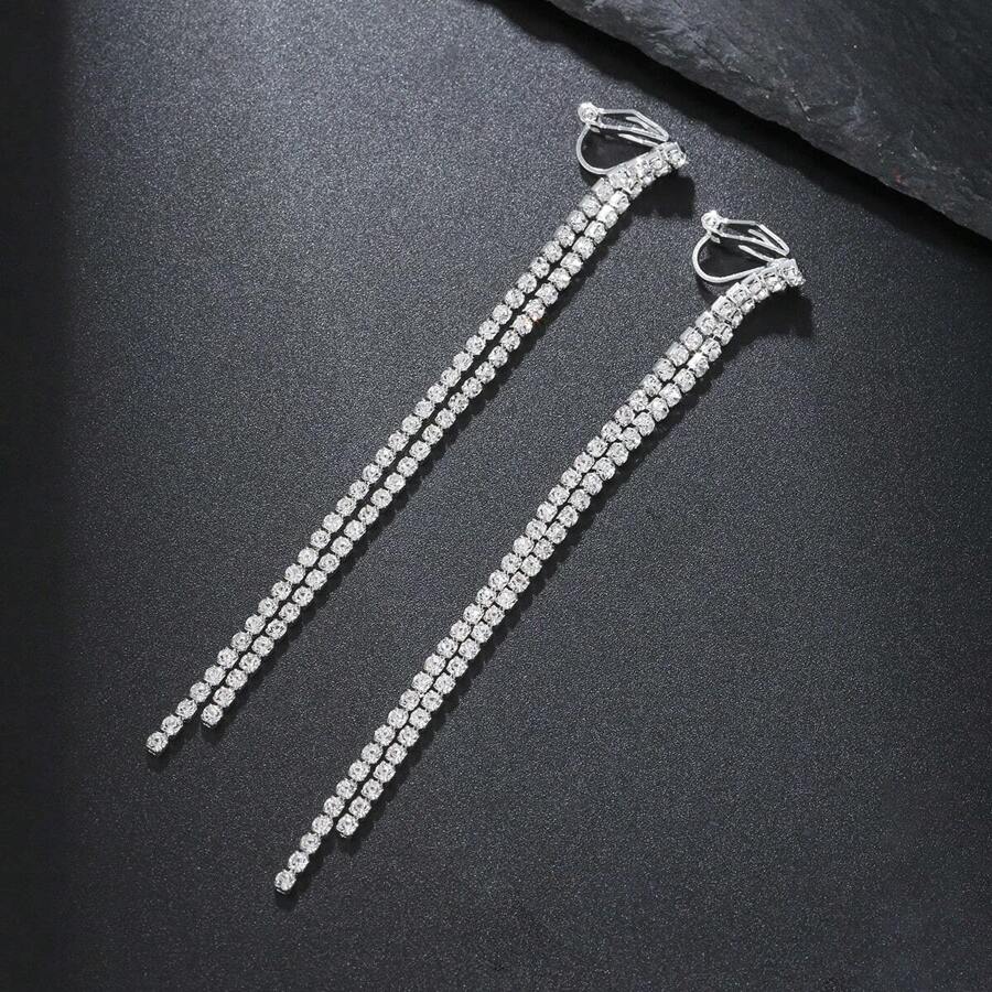 2 件裝新款時尚水滴形水鑽流蘇耳夾,簡約多層,優雅戲劇性,無需穿孔,適合女士婚禮首飾 - 銀色 - 查看 1