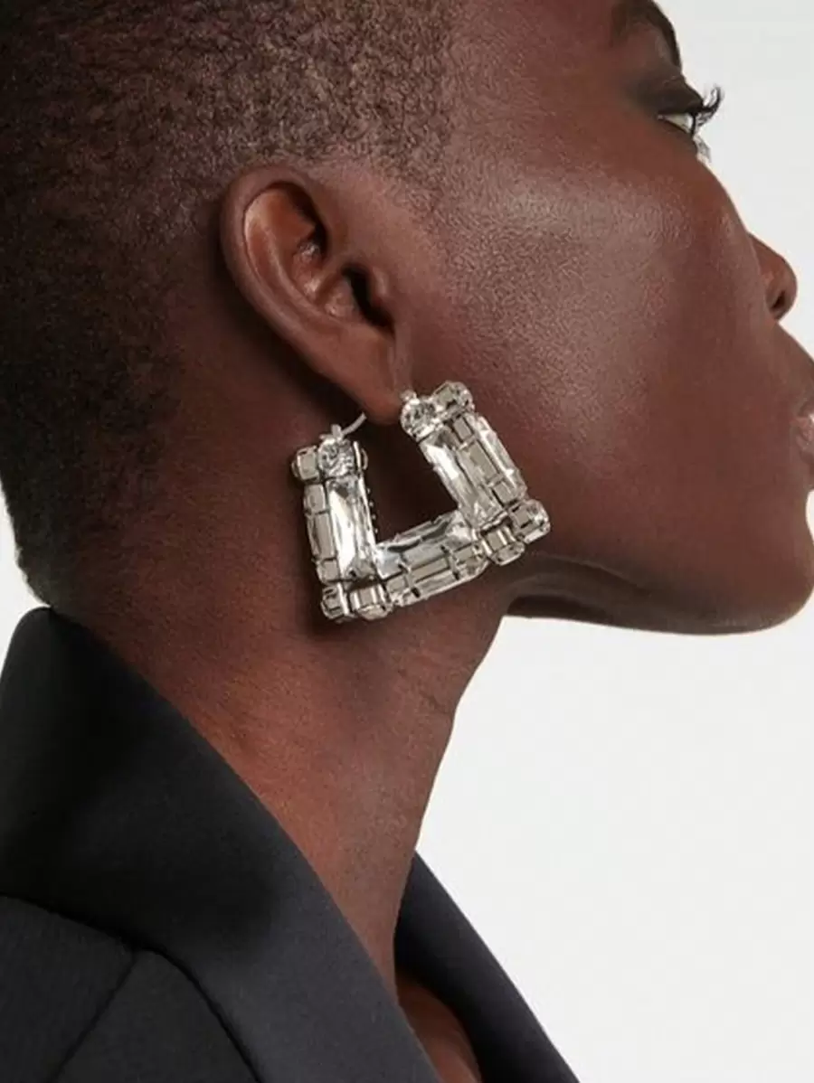 1 Par Pendientes De Aro Cuadrado Grande Con Cristales Decorativos Y Detalles De Piedras, Joyería De Moda Para Bodas, Regalo De Fiesta - Plateado - Ver 1
