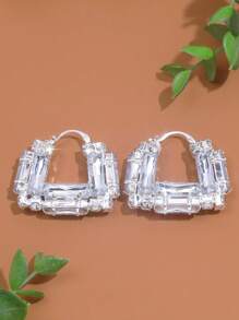 1 Par Pendientes De Aro Cuadrado Grande Con Cristales Decorativos Y Detalles De Piedras, Joyería De Moda Para Bodas, Regalo De Fiesta - Plateado - Ver 4