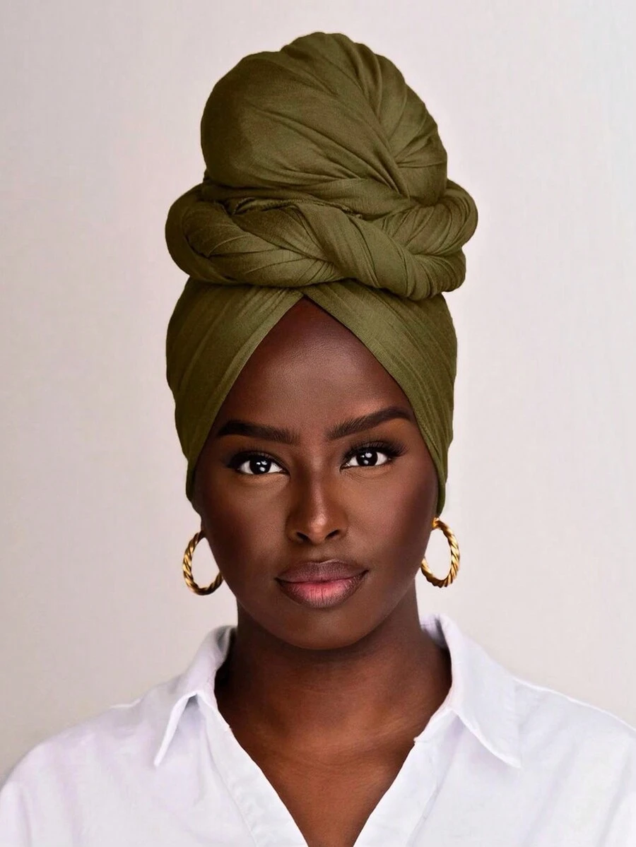 1 件纯色头巾，女士简约头巾，女士发帽 - 軍綠色 - 查看 1