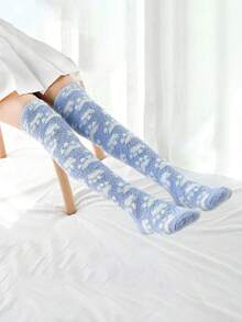 1 雙女厚珊瑚絨過膝襪,溫暖柔軟,卡通雪花設計 - 藍色 - 查看 5