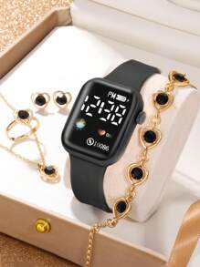 Conjunto de 6 piezas de reloj digital cuadrado de pantalla digital y pulsera, collar, aretes y anillo de corazón de amor - Negro - Ver 2