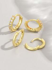 4 件套优雅多尺寸方晶锆石耳环，简约别致的设计，适合女性约会、派对和日常佩戴 - 金黃色 - 查看 2