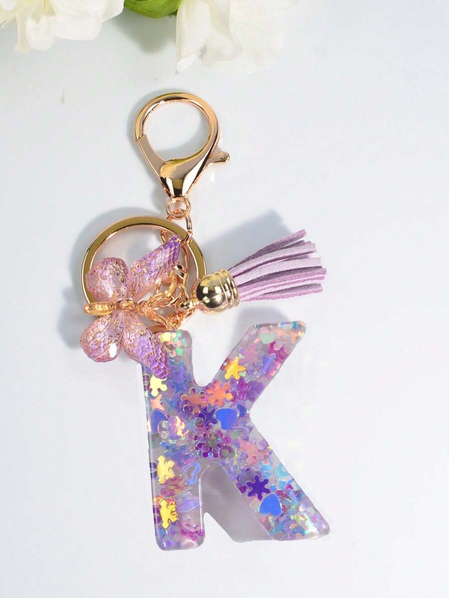 1入女式可愛時尚雪花閃亮水晶環氧樹脂五顏六色蝴蝶裝飾鑰匙扣,禮物
