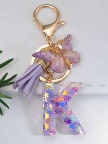 1入女式可愛時尚雪花閃亮水晶環氧樹脂五顏六色蝴蝶裝飾鑰匙扣,禮物