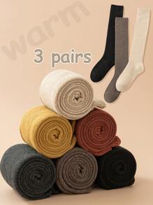 3 双/套女士过膝袜，带保暖内衬，黑色、棕色和米色，柔软舒适，商务通勤，时尚百搭，不掉毛，时尚优雅，适合秋冬季