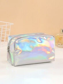 1pc Solid Color Waterproof Pu Laser Cosmetic Bag Portable Travel Toiletry Storage Bag Multicolor - Silver - View 1
