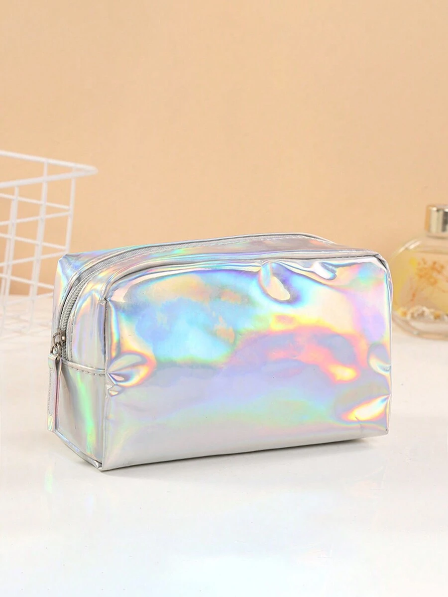 1pc Solid Color Waterproof Pu Laser Cosmetic Bag Portable Travel Toiletry Storage Bag Multicolor - Silver - View 1