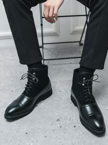 Botas de cuero de alta caña con punta puntiaguda y cordones para hombre - Negro - Ver 1