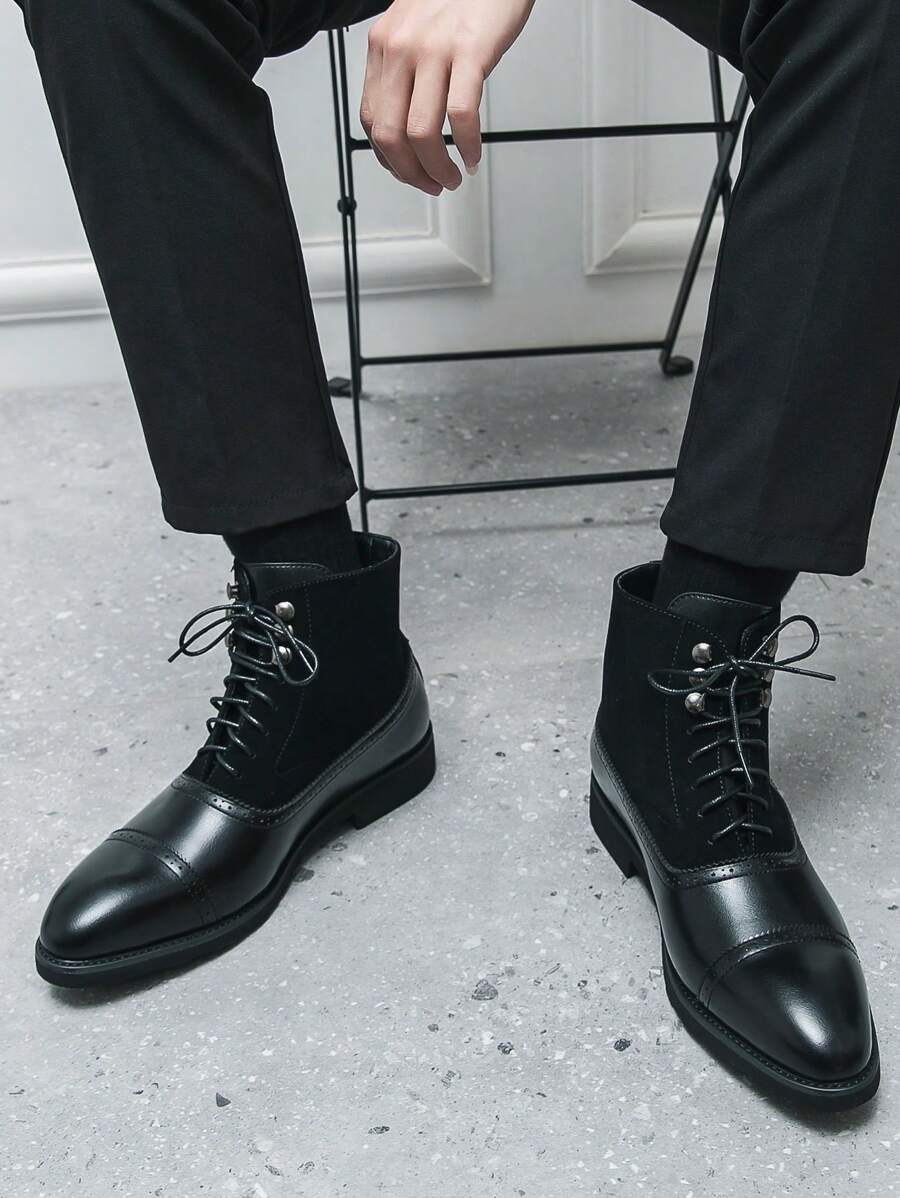 Botas de cuero de alta caña con punta puntiaguda y cordones para hombre - Negro - Ver 1