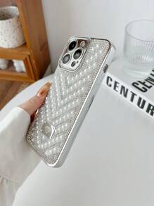 1 chiếc ốp lưng điện thoại thời trang hình chữ V đính đá pha lê và ngọc trai màu bạc chống rơi, tương thích với iPhone 11/17 Pro Max - Bạc - Xem 4