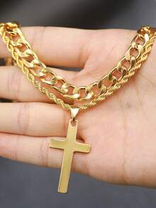 1pc Twisted Dual-layer Stainless Steel Cross Pendant Necklace For Men - 双层 - View 10