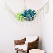 1入組波西米亞風格毛絨動物網子或吊床,55英寸玩具吊床蕾絲邊毛絨動物儲物角落掛網架,網狀吊床毛絨玩具收納盒,帶流蘇和掛鉤,適用於臥室、幼兒園 - 米色 - 查看 6