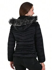 Chamarra Abrigo Negro Tercio Pelo Para Dama Mujer con Gorro de Peluche Desmontable - Negro - Ver 2