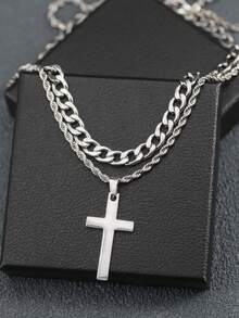 1pc Twisted Dual-layer Stainless Steel Cross Pendant Necklace For Men - 双层 - View 5