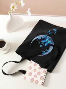 Borsa a tracolla stampata con motivo a farfalla e luna, borsa casual da viaggio per la spiaggia, grande capacità, riutilizzabile, borsa a tracolla casual da donna, borsa di tela per la spesa, borsa da donna con stampa, borsa a tracolla da donna alla moda con motivo a farfalla