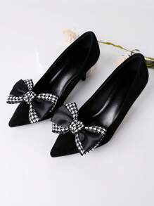 1pair Black & White Houndstooth Check Splicing Bowknot Shoe Clip, Suitable For Both High Heels And Flats, Women's Casual Style