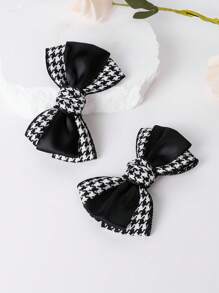 1pair Black & White Houndstooth Check Splicing Bowknot Shoe Clip, Suitable For Both High Heels And Flats, Women's Casual Style