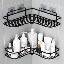 1pc Punch-free Bathroom Triangular Storage Rack Wall-mounted Toilet Shower Room Washstand Double-layer Basket - Black - View 3