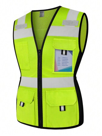 TCCFCCT 1 件女式 9 口袋高能见度反光背心，适用于建筑工地/仓库/道路作业，荧光绿