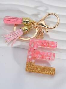 1 件首字母英文字母鑰匙扣,帶簡單樹脂吊墜,適合學生背包,流蘇設計裝飾禮品鑰匙圈 - 粉色 - 查看 8