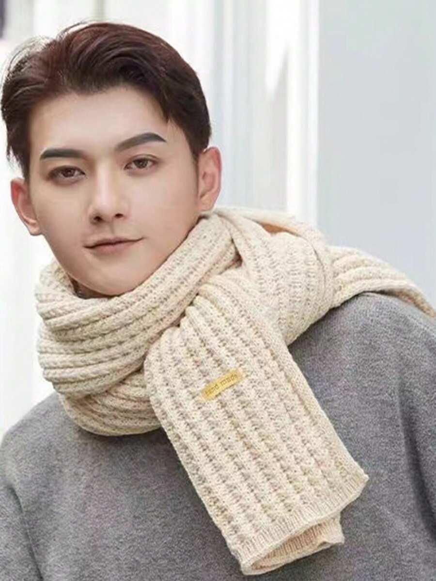 1 件男女通用米色針織圍巾日常佩戴秋冬頸部保暖禮物送給愛人