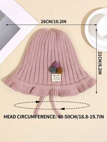 1pc Baby Knitted Hat With Small Pom Pom Decoration And Wavy Edge - Pink - View 6