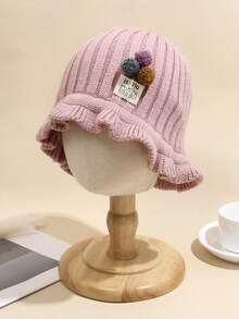 1pc Baby Knitted Hat With Small Pom Pom Decoration And Wavy Edge - Pink - View 2