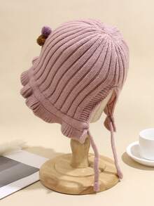 1pc Baby Knitted Hat With Small Pom Pom Decoration And Wavy Edge - Pink - View 3