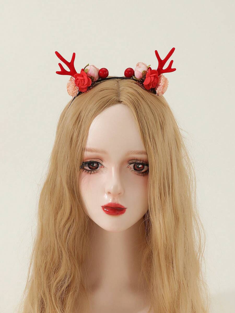 1個卡通紅色鹿角,真實玫瑰和向日葵設計的頭飾,作為聖誕節慶祝活動服裝頭箍