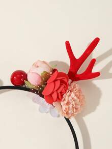 1個卡通紅色鹿角,真實玫瑰和向日葵設計的頭飾,作為聖誕節慶祝活動服裝頭箍