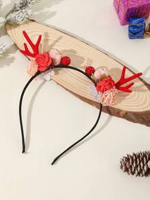 1個卡通紅色鹿角,真實玫瑰和向日葵設計的頭飾,作為聖誕節慶祝活動服裝頭箍