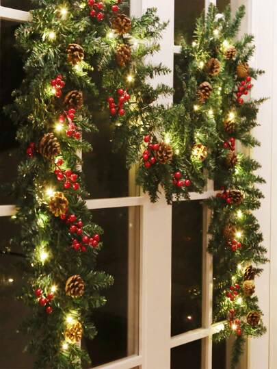 1pc Artificial Plant Vine, Led Pine Cone And White/Red Berry Wreath, Fireplace Ornaments For Decorations, Valentine Day, Gift Home Decor Christmas Decorations Room Decor Christmas