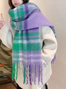1條女士綠色和紫色格紋馬毛披肩圍巾,適用於秋冬季節
