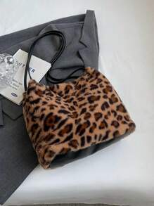 Women's Winter Plush Simple Large Pocket Shoulder Bag, Leopard Print Fashionable Handbag - Yellow - View 3