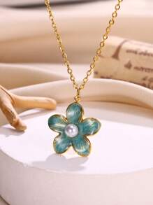 1枚時尚金色不鏽鋼珍珠和粉色花朵吊墜項鍊-適合女性、婚禮、珠寶禮物