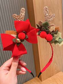 1 件兒童聖誕髮飾 - 創意紅色蝴蝶結,帶鈴鐺、pom Pom、理想的節日氛圍髮箍、派對、適合男孩和女孩