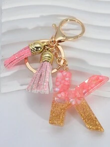 1 件首字母英文字母鑰匙扣,帶簡單樹脂吊墜,適合學生背包,流蘇設計裝飾禮品鑰匙圈 - 粉色 - 查看 9
